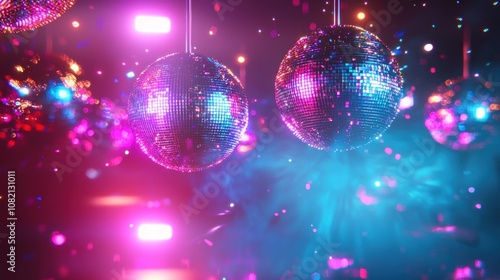 Colorful Disco Balls Reflecting Light in a Vibrant Atmosphere with Shimmering Particles and Party Lights Glowing for a Retro Night Club Scene