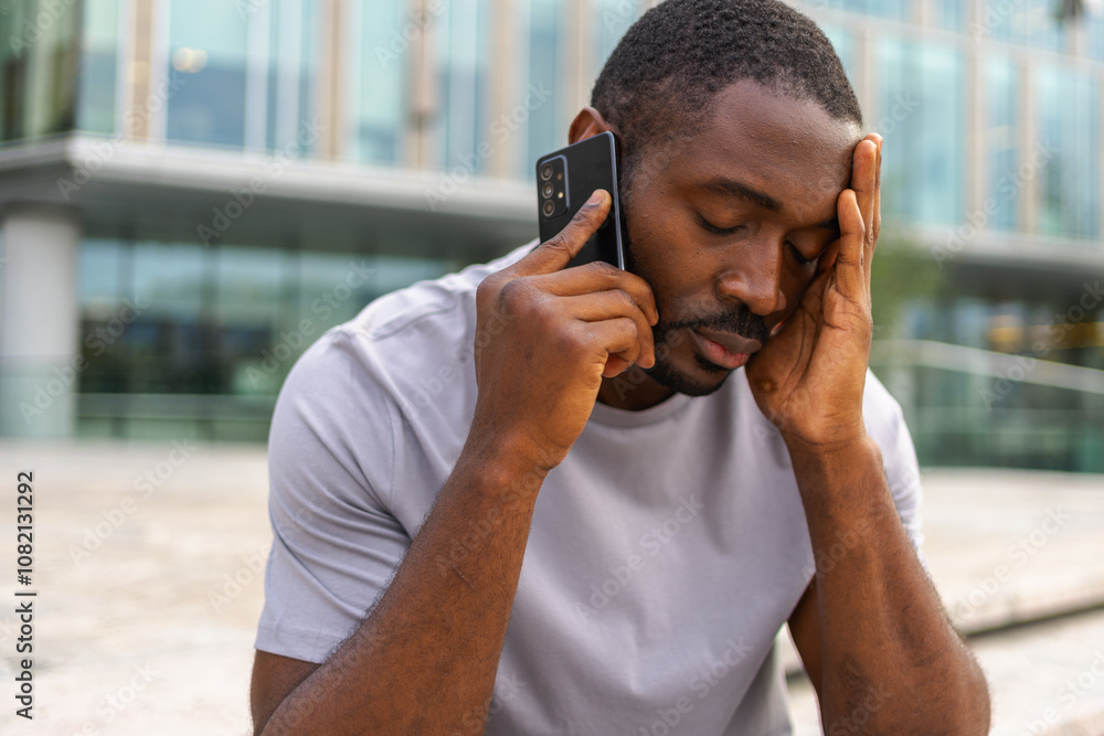 © Юлия Завалишина - Sad tired lonely disappointed African man alone talking on smartphone on city street outdoor. Unhappy person making answering call by cellphone experiencing grief getting bad news. Stressed man