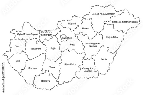 Hungary Outline Map with Regional Boundaries and Names, Editable Scalable Vector Illustration, Isolated on White Background