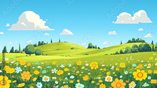 cartoon spring green grass blue sky flowers illustration poster background