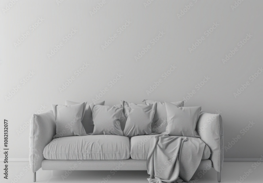 White sofa with pillows in a minimalist living room with bright sunlight streaming through a window White sofa with pillows in a minimalist living room with bright sunlight streaming through a window