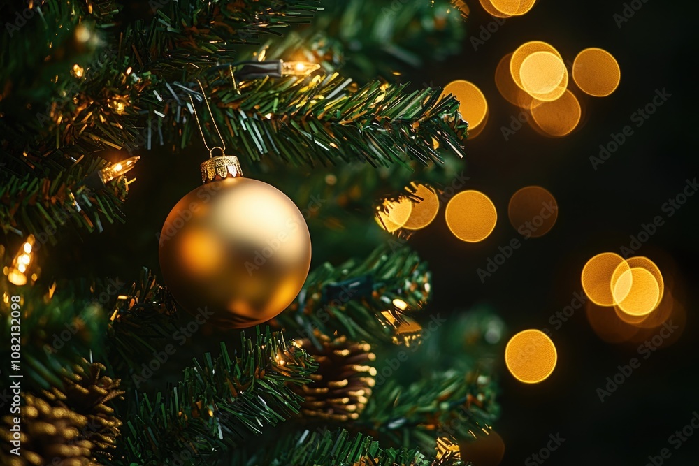A shiny gold ornament hangs from a festive Christmas tree branch A shiny gold ornament hangs from a festive Christmas tree branch