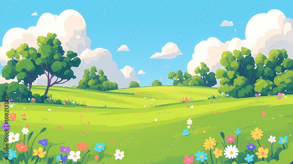cartoon spring green grass blue sky flowers illustration poster background