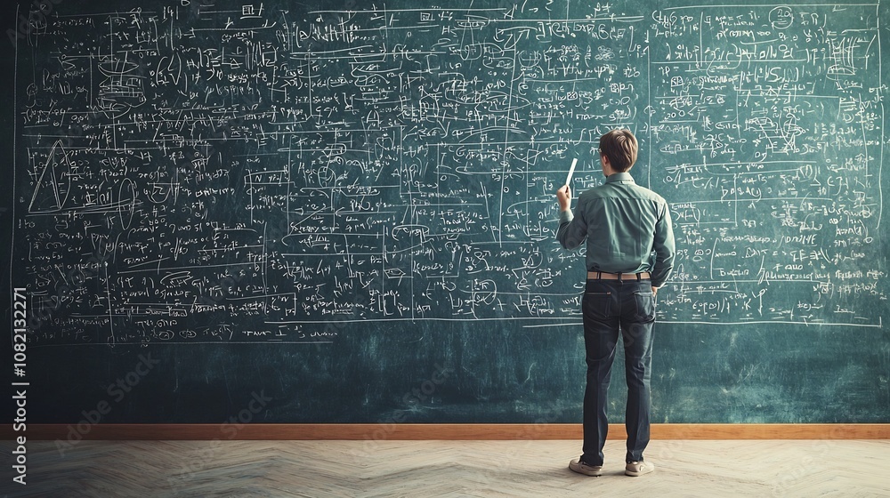 Scientist Pondering Complex Equations on Chalkboard Uncertain of the Truth Scientist Pondering Complex Equations on Chalkboard Uncertain of the Truth