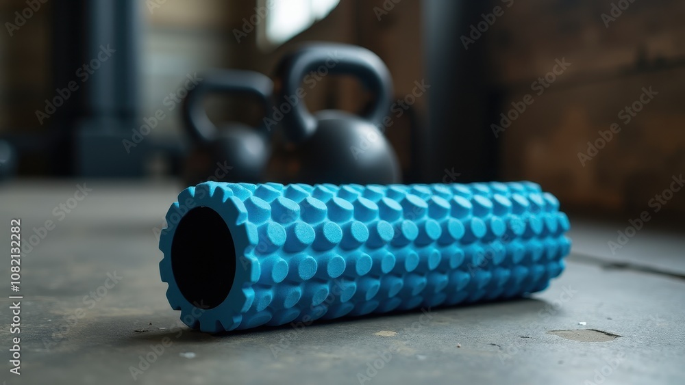 Foam roller for back pain. A blue foam roller on a gym floor, with a black kettlebell in the background against a brick wall, suggesting a workout setting. Foam roller for back pain. A blue foam roller on a gym floor, with a black kettlebell in the background against a brick wall, suggesting a workout setting.