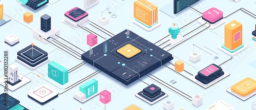 Wallpaper Mural A vibrant, digital illustration featuring interconnected technological icons and components, symbolizing networking and data exchange. Torontodigital.ca