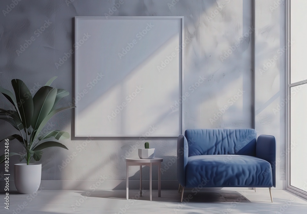 A modern living room with a blue velvet sofa, a coffee table, two plants, and a blank frame hanging on the wall A modern living room with a blue velvet sofa, a coffee table, two plants, and a blank frame hanging on the wall