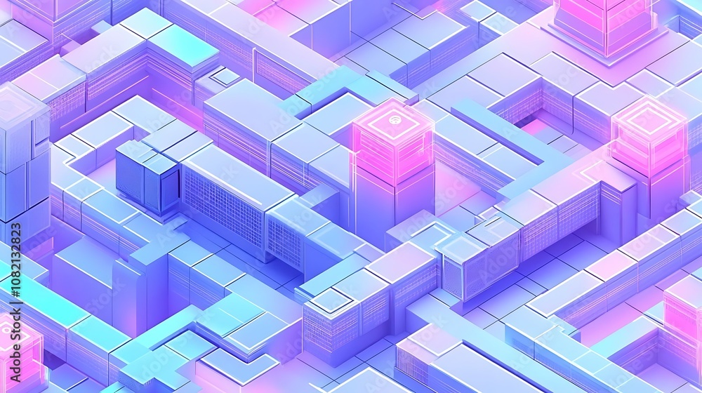 A vibrant, abstract maze with a futuristic design featuring geometric patterns in shades of blue and pink. A vibrant, abstract maze with a futuristic design featuring geometric patterns in shades of blue and pink.