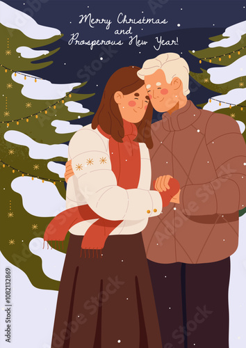 Romantic couple hugs on Xmas card. Happy boyfriend and girlfriend cuddle outdoors in winter holiday. Young man and girl love, embrace near decorated Christmas trees. Flat vector illustration