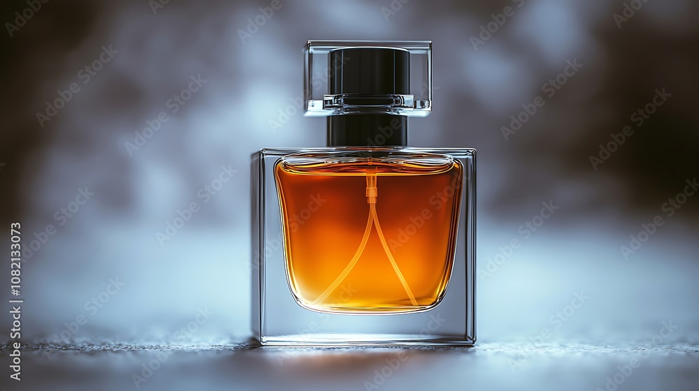 A glass bottle of perfume with a black cap and amber liquid on a white surface with a blurred background. A glass bottle of perfume with a black cap and amber liquid on a white surface with a blurred background.