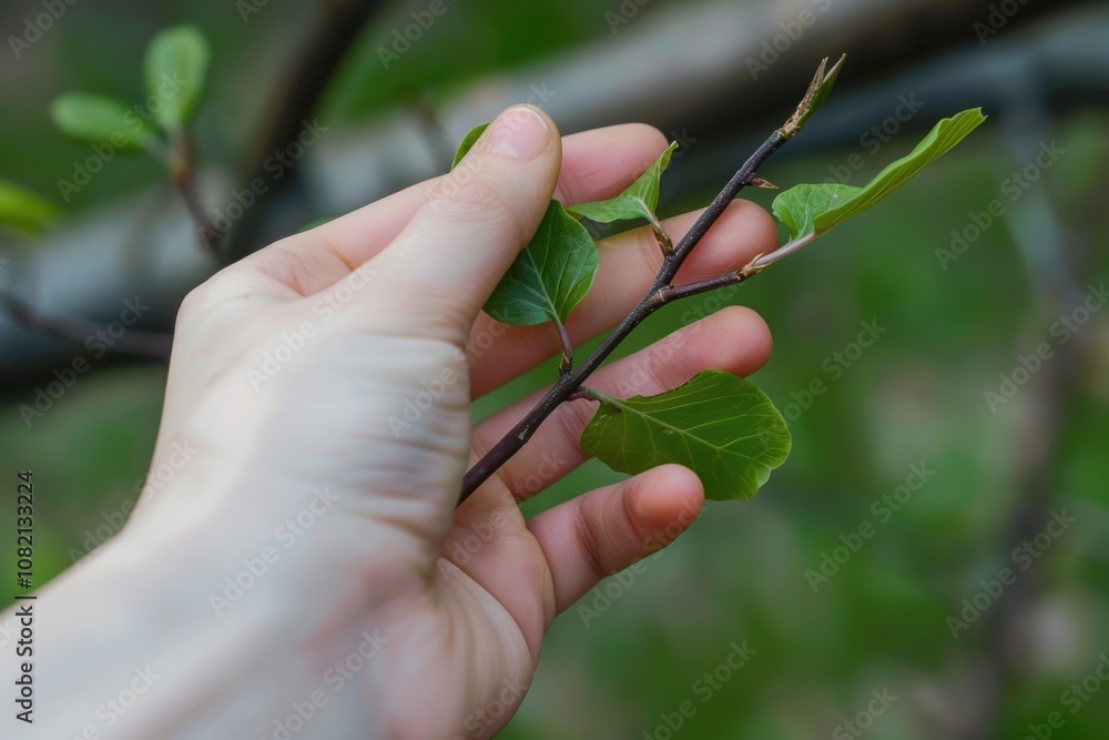 A person holding a branch with green leaves, suitable for spring or nature-themed images A person holding a branch with green leaves, suitable for spring or nature-themed images