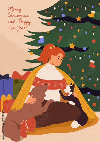 Girl sits on the floor, pets her fluffy friends. Young woman hugs dog and cat under Christmas tree. Xmas card with decorated firtree and New Year gifts. Winter holiday time. Flat vector illustration