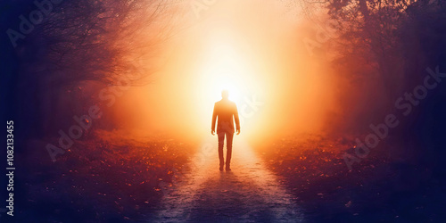 silhouette of man walking into bright background.