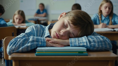 Close-up of a schoolchild sleeping in a lesson sitting at a desk. Tiredness, fatigue of adolescents, lack of sleep and vitamins