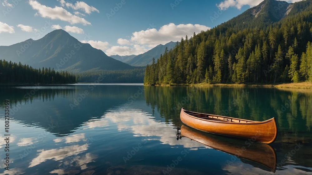 The wooden canoe boat is parked next to a lake with calm water and the reflection of the boat with beautiful landscape views such as mountains and pine forests The wooden canoe boat is parked next to a lake with calm water and the reflection of the boat with beautiful landscape views such as mountains and pine forests