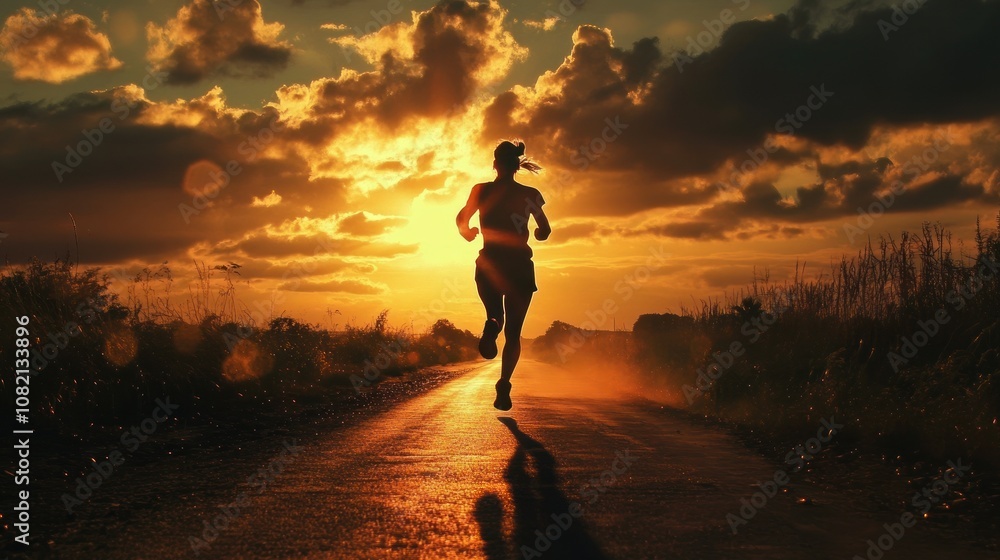 Runner silhouetted against a vibrant sunset. Runner silhouetted against a vibrant sunset.
