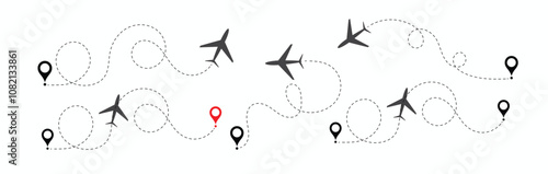 Airplane Plane Dotted Line. plane routes dotted paths aircraft travel route start point Flight route with start point and dash line trace for plane isolated vector illustration 6