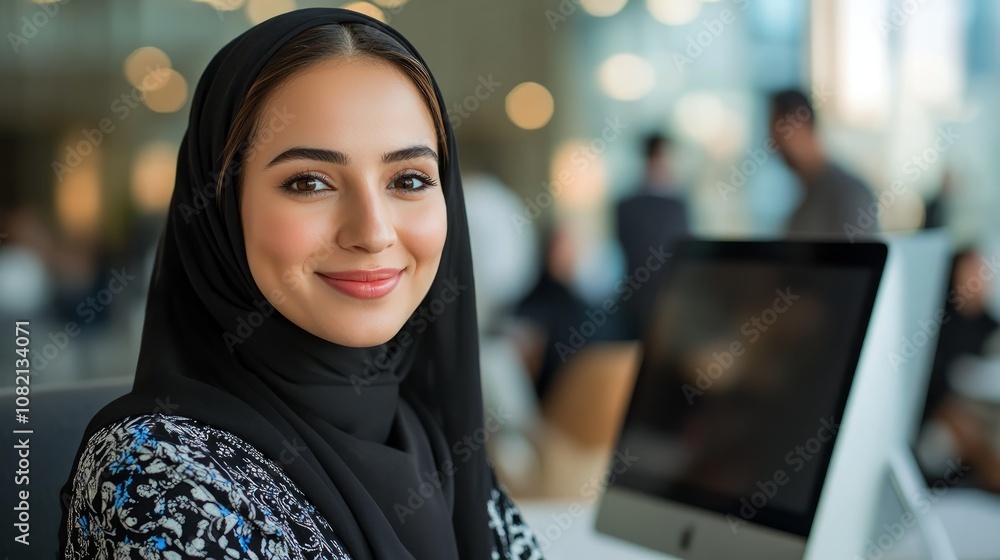 A young woman in a hijab smiles at the camera while sitting at her desk in an office. A young woman in a hijab smiles at the camera while sitting at her desk in an office.
