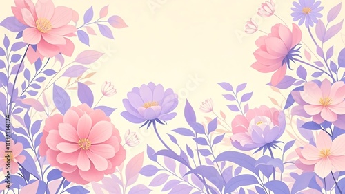 Wallpaper Mural Pastel pink and purple flowers and leaves on a light yellow background. Torontodigital.ca