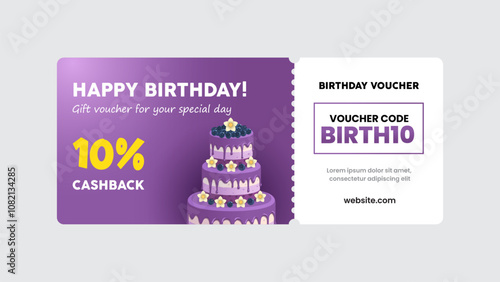 Birthday gift voucher card design. 10% cashback coupon promotion with birthday cake artwork background vector illustration.