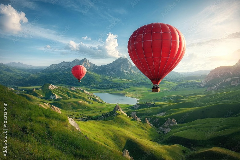 Obraz premium Soaring hot air balloons scenic mountains aerial photography lush green landscape wide angle adventure travel