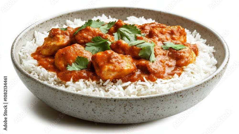 Ultra-realistic Tikka Masala Curry Chicken Served Over Rice in a Bowl, Isolated on White Background - Traditional Indian Food, Photorealistic 8K Hypermaximalist Detail Ultra-realistic Tikka Masala Curry Chicken Served Over Rice in a Bowl, Isolated on White Background - Traditional Indian Food, Photorealistic 8K Hypermaximalist Detail