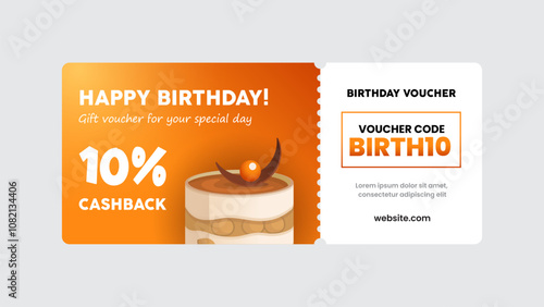 Birthday gift voucher card design. 10% cashback coupon promotion with birthday cake artwork background vector illustration.