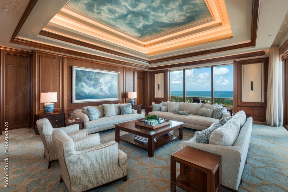 Fototapeta premium Luxurious living room design coastal view interior decor modern environment wide angle elegance concept