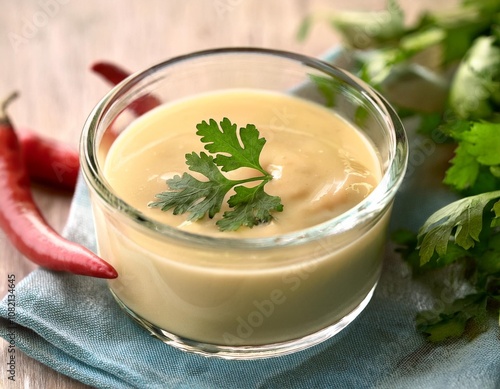 Refreshing Leche de Tigre in a Light Glass Bowl, Paired with Fresh Coriander and Red Chili for a Zesty Peruvian Appetizer, Captured in Soft, Bright Light