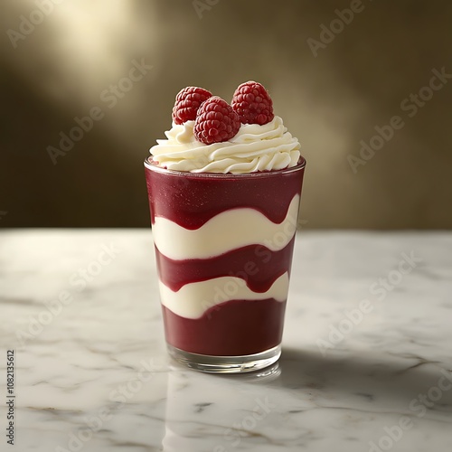 Delicious Raspberry Dessert in a Glass with Whipped Cream.