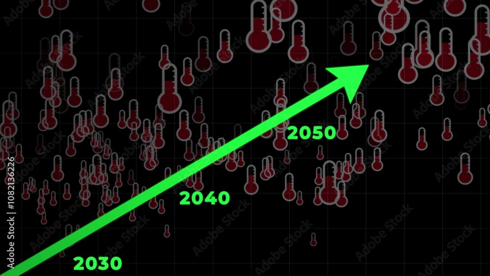 Graphical representation of a rising temperature timeline over the next decades, highlighting the effects of climate change and global warming Graphical representation of a rising temperature timeline over the next decades, highlighting the effects of climate change and global warming