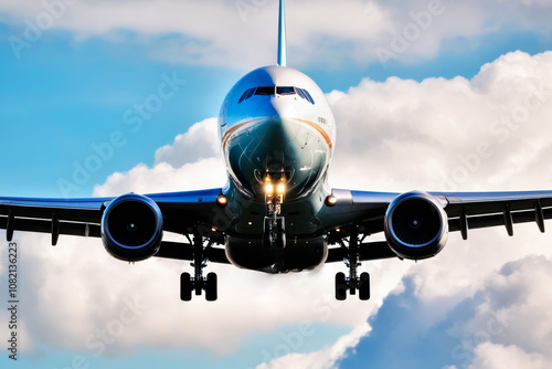 front view of photorealistic passenger plane landing photo