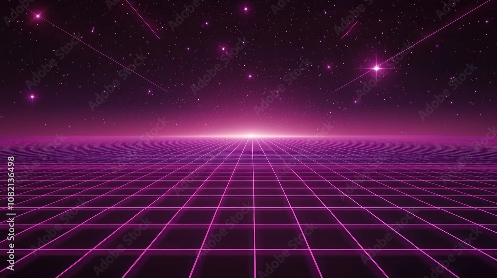 Futuristic Neon Landscape with Pink Grid and Starry Sky, Evoking a Retrofuturistic Aesthetic of Digital Dreams and Virtual Reality Explorations Futuristic Neon Landscape with Pink Grid and Starry Sky, Evoking a Retrofuturistic Aesthetic of Digital Dreams and Virtual Reality Explorations
