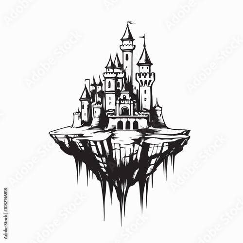 Floating Castle Island Stock Illustrations isolated on white background.