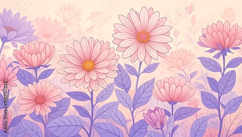 Pink and purple flowers with soft pastel background.