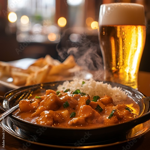 Steaming Chicken Curry with Rice and Beer in a Restaurant Setting. photo