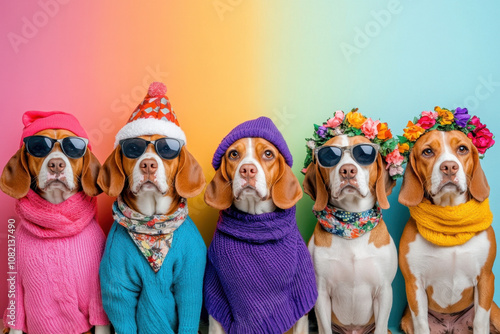 Pastel beagle. Five stylish beagles wear colorful outfits and accessories against a vibrant background, showcasing their playful personalities. photo