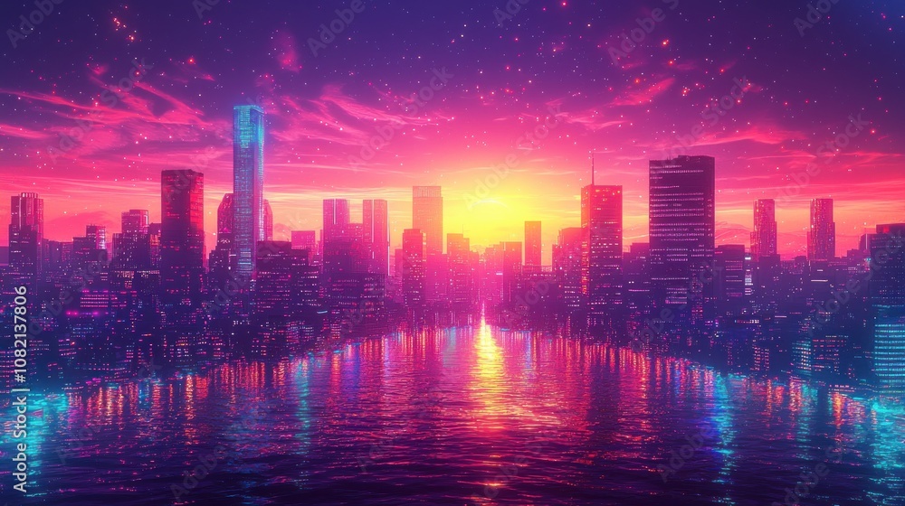 Fototapeta premium Vibrant Cityscape with Futuristic Skyscrapers Against a Stunning Sunset and Reflected Lights on Water Surface in a Dazzling Urban Landscape
