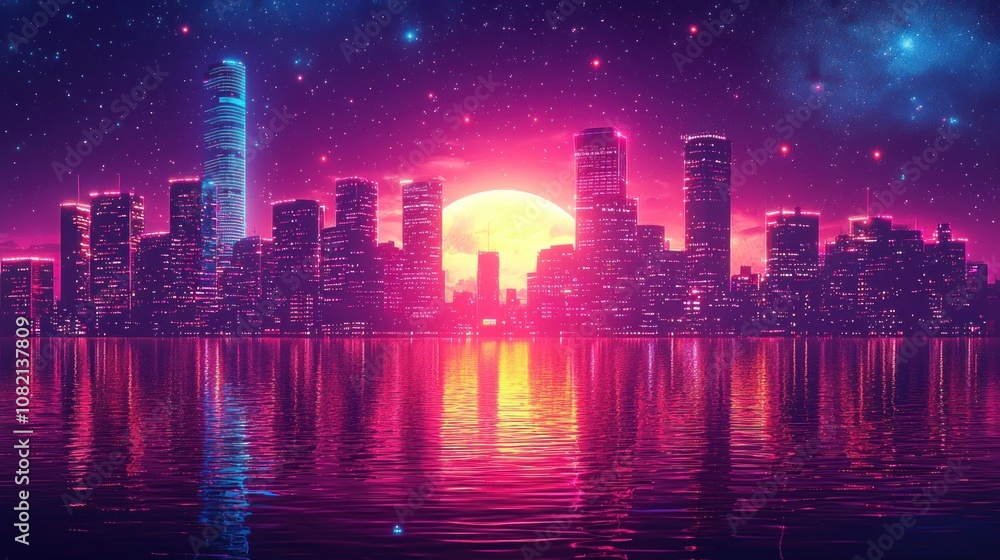 Vibrant Neon Cityscape at Dusk with Reflections on Water, Featuring Skyscrapers, Starry Sky, and a Large Sun Setting Behind a Modern City Vibrant Neon Cityscape at Dusk with Reflections on Water, Featuring Skyscrapers, Starry Sky, and a Large Sun Setting Behind a Modern City