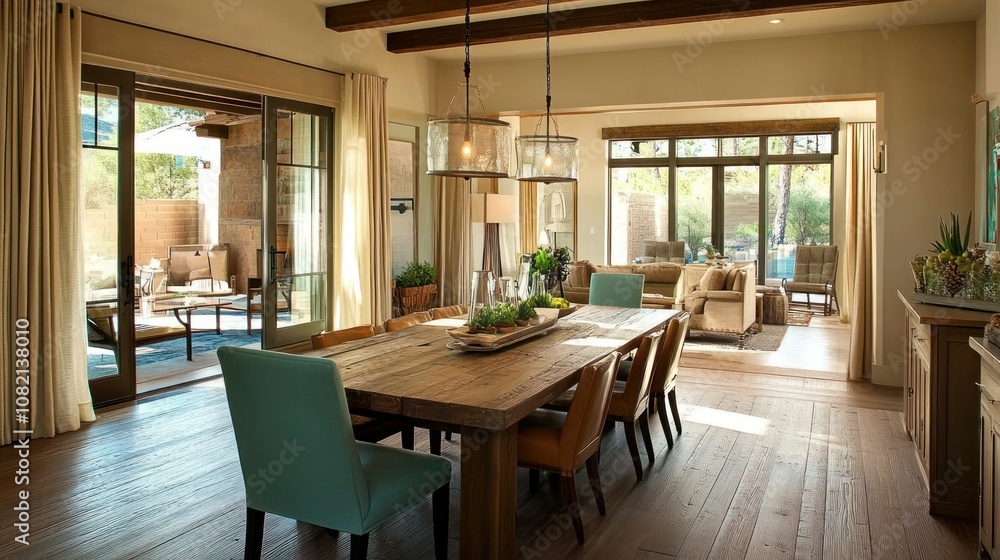 Rustic dining room with wooden table, chairs, and exposed beams Rustic dining room with wooden table, chairs, and exposed beams