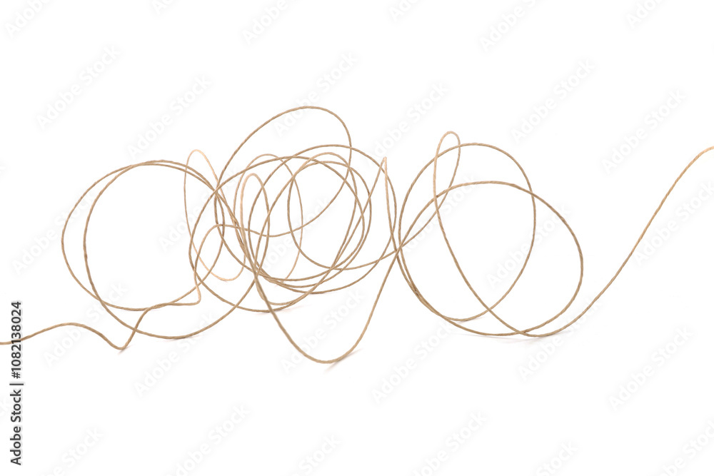 Abstract line of paper covered craft wire isolated on white background. Tangled paper string with internal wire. Abstract line of paper covered craft wire isolated on white background. Tangled paper string with internal wire.