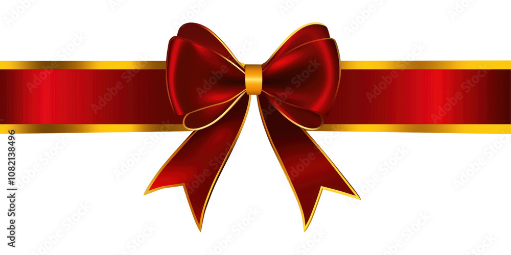 Colorful red satin bow and ribbon, with gold trim isolated and cut on transparent background. Holiday gift bow, for decoration, birthday, Christmas, gift promotion Colorful red satin bow and ribbon, with gold trim isolated and cut on transparent background. Holiday gift bow, for decoration, birthday, Christmas, gift promotion