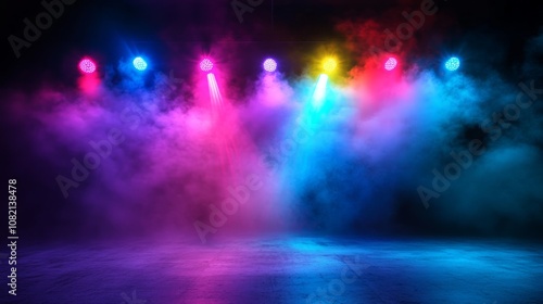 Colorful stage lights illuminating a smoky stage with a concrete floor.