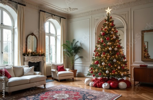 Christmas tree, in a large spacious bright room Empire style photo