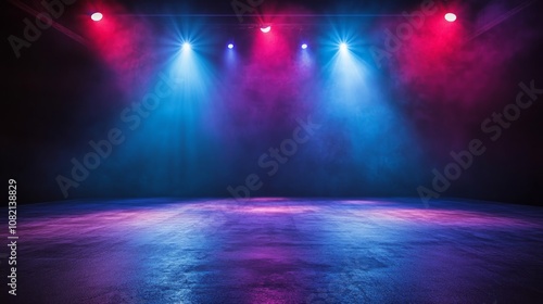 Empty stage with blue and pink spotlights in smoky darkness.