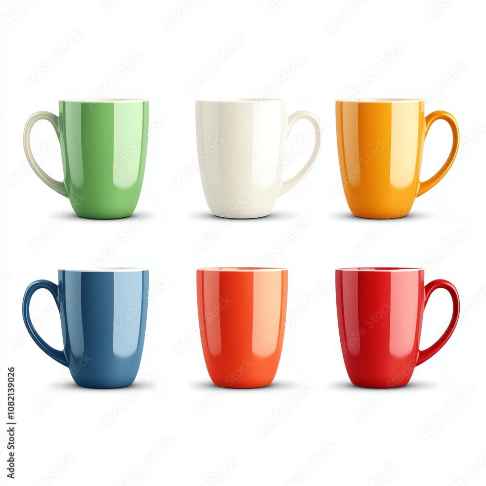 Colorful ceramic mugs arranged in a modern style, perfect for coffee or tea lovers. Colorful ceramic mugs arranged in a modern style, perfect for coffee or tea lovers.