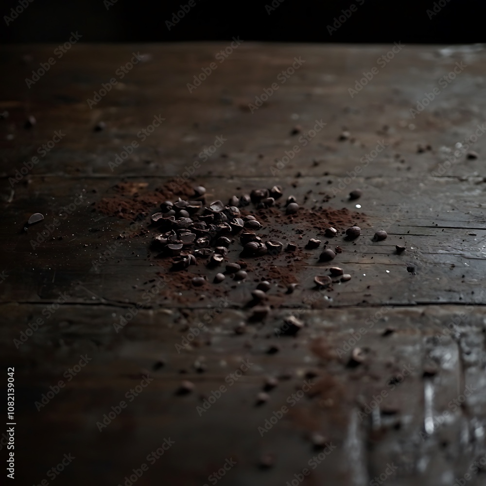 Chocolate Pieces and Powder on Rustic Wooden Surface. Chocolate Pieces and Powder on Rustic Wooden Surface.