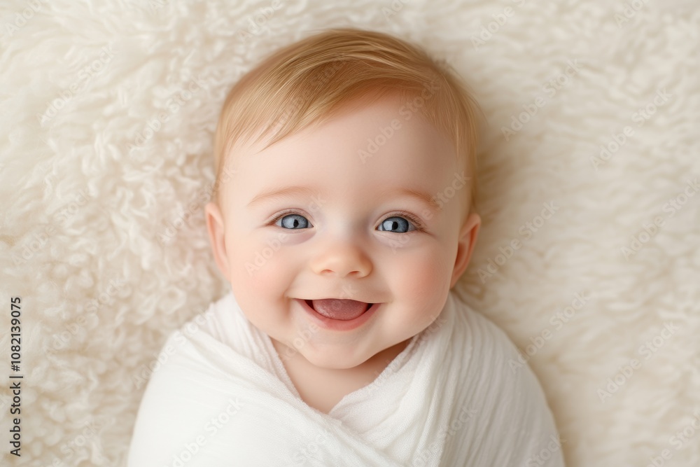 A joyful baby with blue eyes wrapped in white fabric smiling on a soft blanket indoors during daylight A joyful baby with blue eyes wrapped in white fabric smiling on a soft blanket indoors during daylight