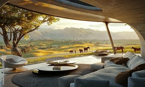 Contemporary interior in a futuristic home on a high ridge, with smart glass and renewable energy sources, showcasing a view of sprawling meadows with grazing wildlife photo