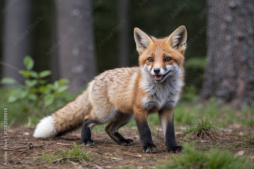 Fototapeta premium Adorable Fox Kit Engaging in Playful Activities in North American Forest